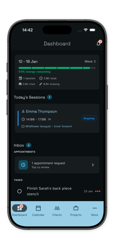 Squiddies dashboard showing today's sessions and energy level
